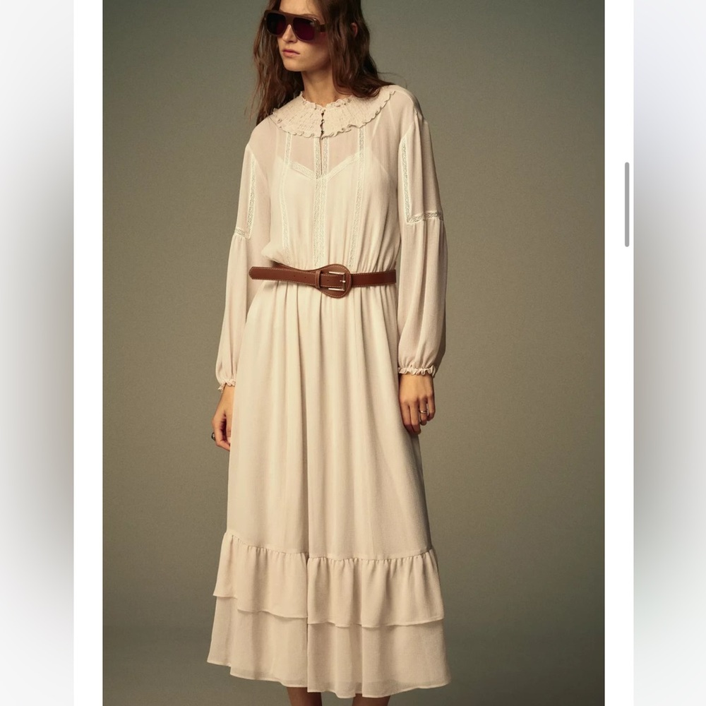 Zara Cream Long-Sleeve Ruffle Midi Dress